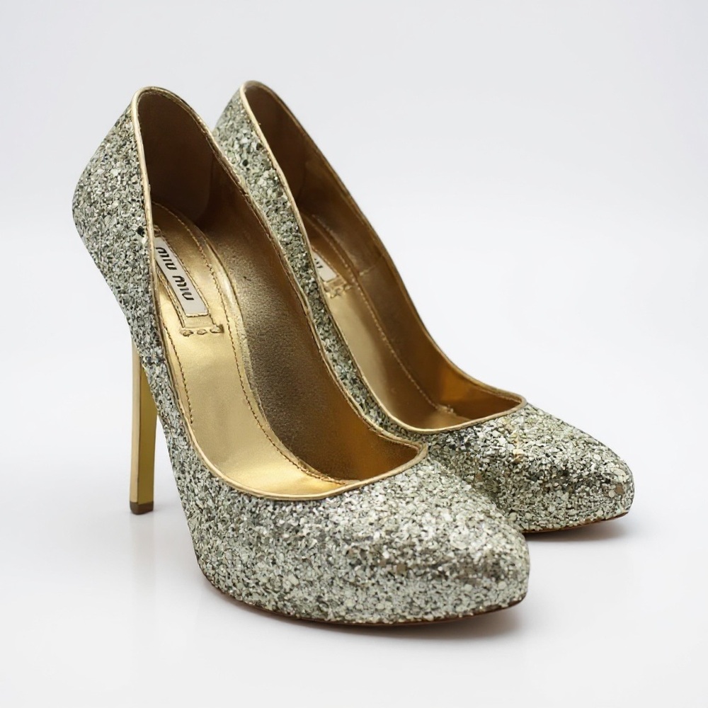 Miu Miu Glittering Round Toe Silver and Gold Heels